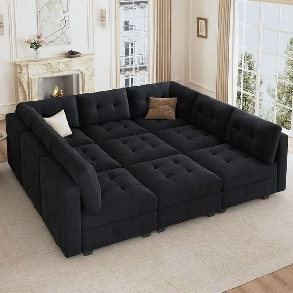 HONBAY Velvet Convertible Sofa Bed with Hidden Storage and Storage Ottomans for Living Room and Apartment, Black