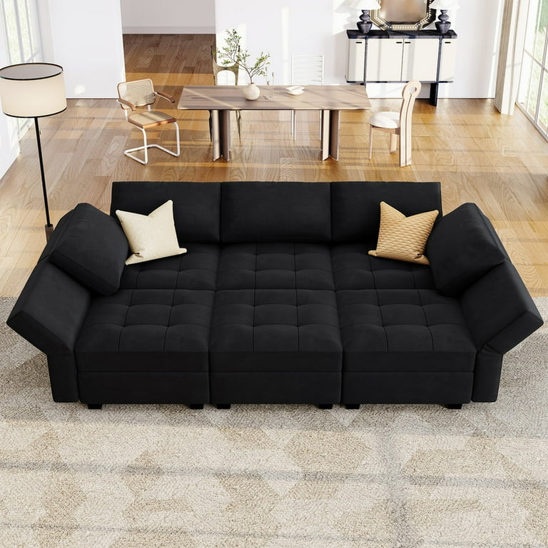 HONBAY Velvet Sectional Sleeper Sofa Deep Seat Couch with Adjustable Armrests and Hidden Storage in Living Room Black Walmart