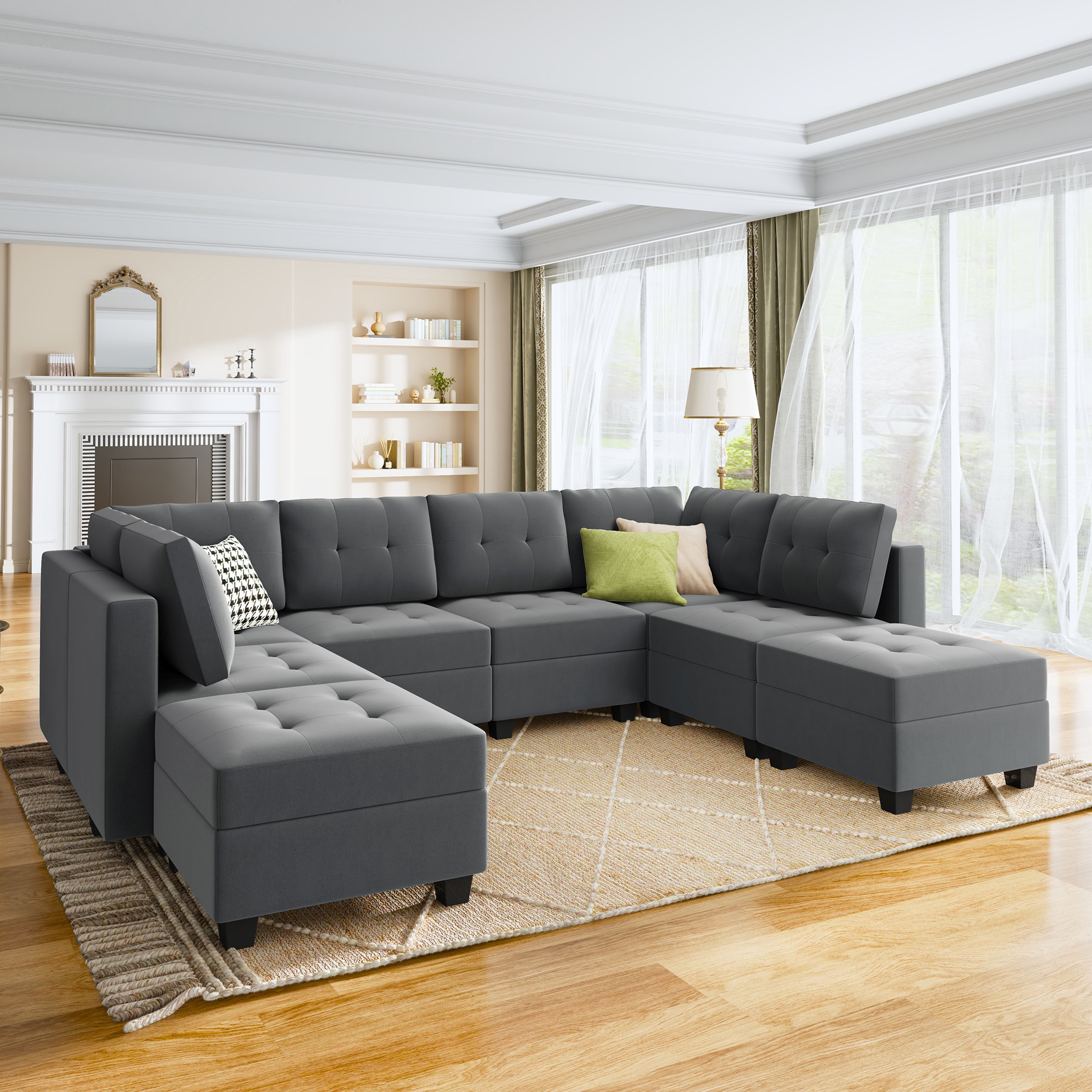HONBAY Velvet Sectional Sleeper Tufted Sofa Couch Sets with Storage ...