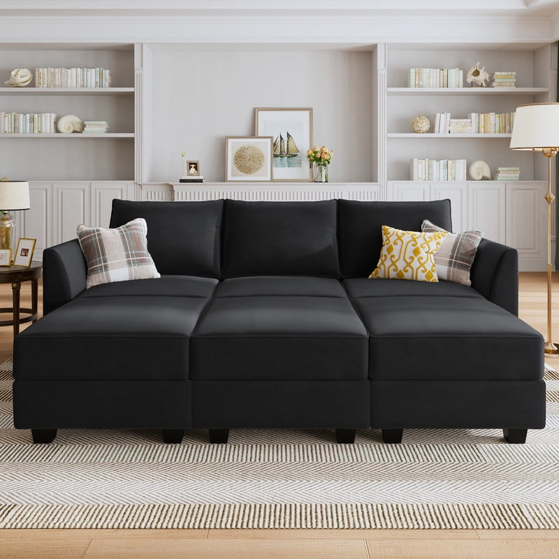 HONBAY Velvet Sectional Sofa Bed Couches Set for Living Room, Black ...
