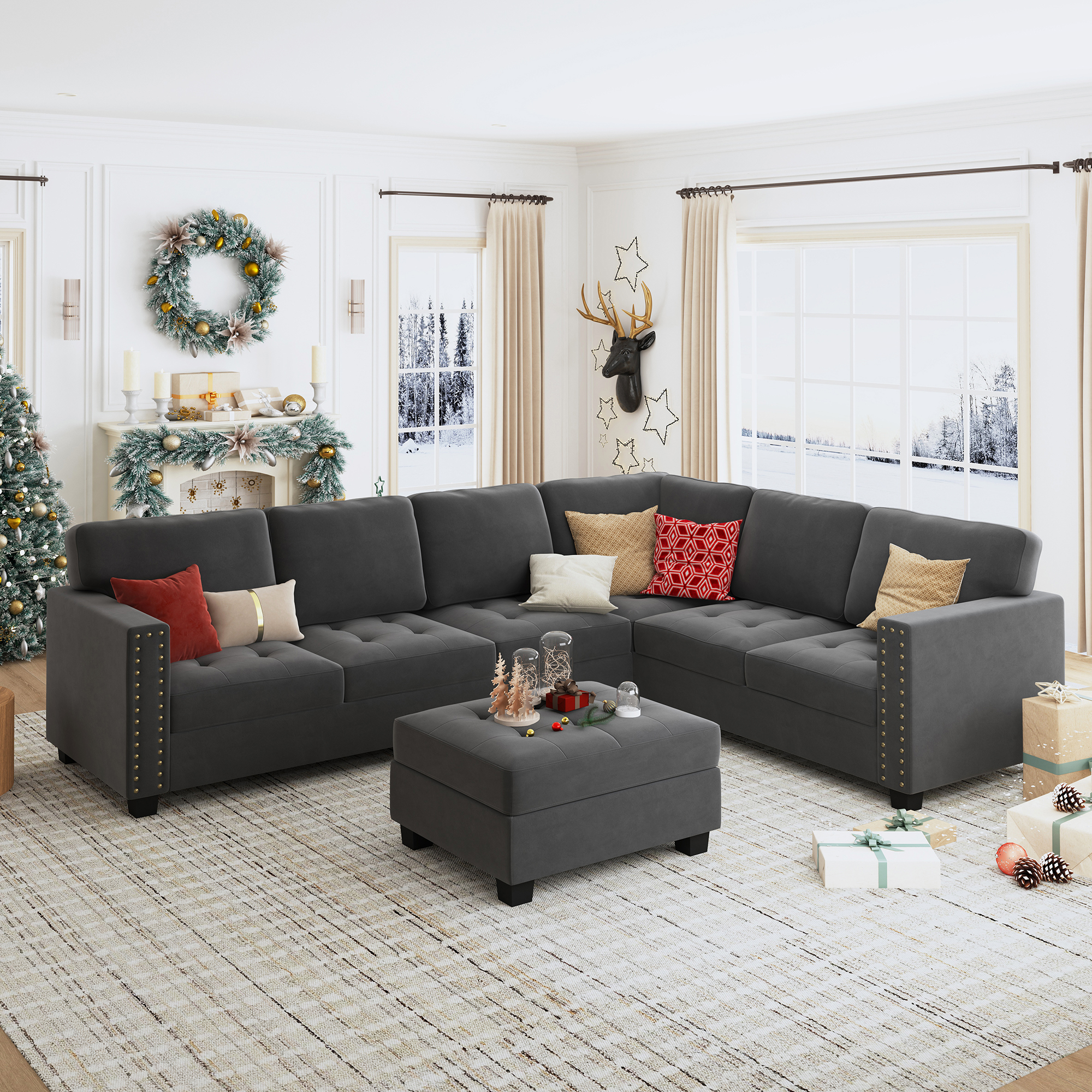 HONBAY Velvet UShaped Corner Sofa Sectional Couch for Apartment Living