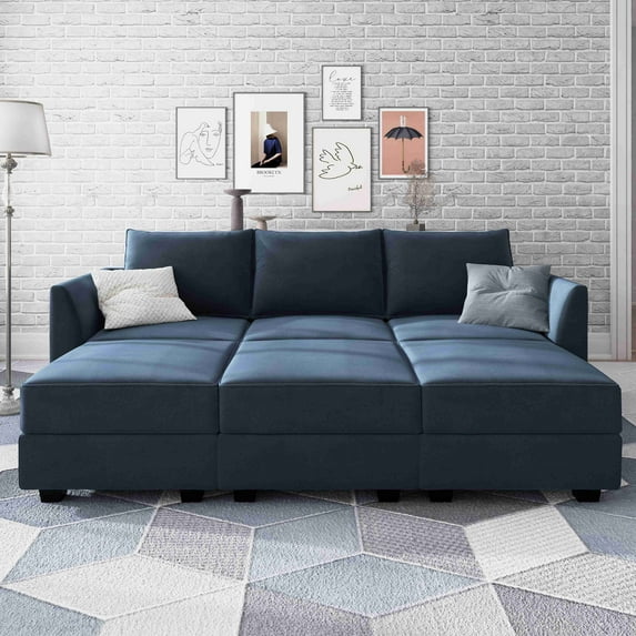 Honbay Velvet Upholstered Sectional Sofa Bed with Storage Ottoman, Navy Blue, Durable and Comfortable