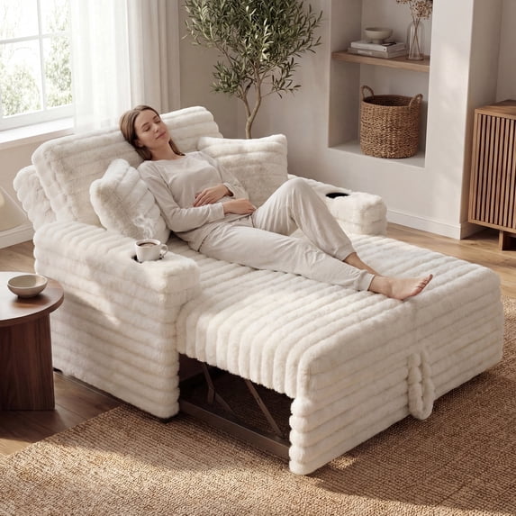 Marrber 52” 3-in-1 Convertible Pull-Out Sofa Bed Plush Sleeper Loveseat with Reclining Backrest, Built-in Cup Holders for Small Space, Corduroy White