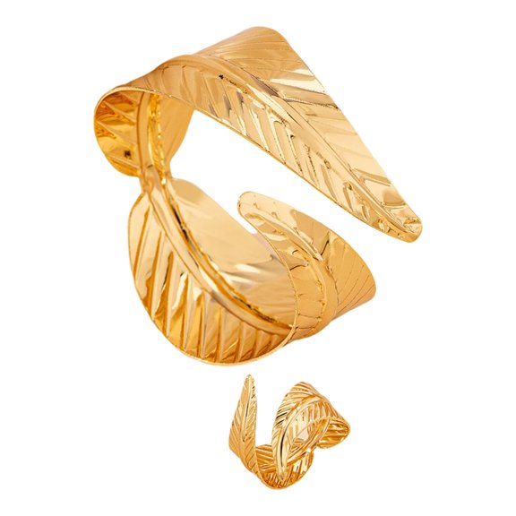 HONCLL 2PCS Retro Style Leaf Cuff Bangles and Ring Set Accessory for Nature Enthusiasts