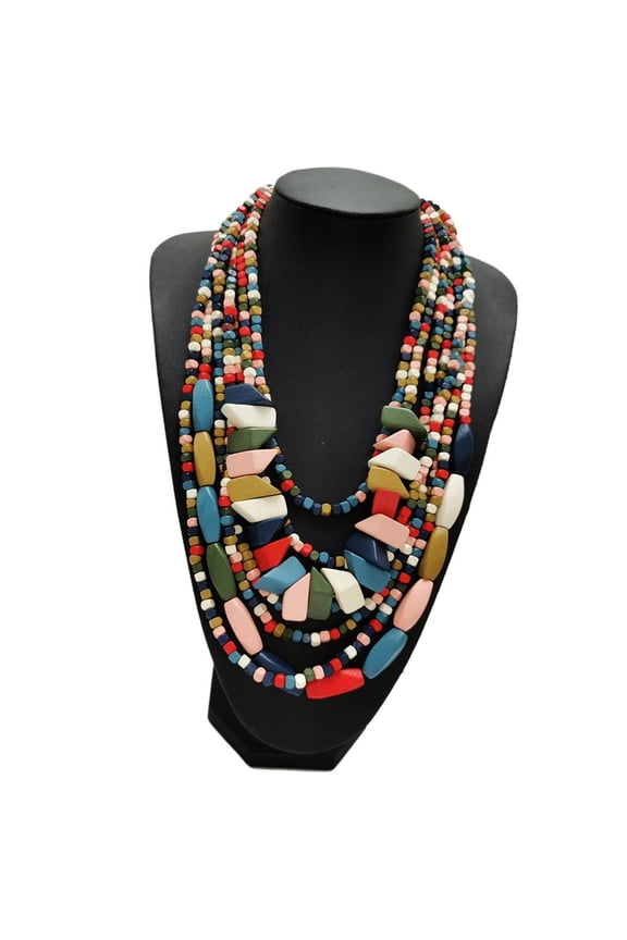 HONCLL African Style Big Colorful Wood Necklace Stylish Clavicle Chain with Multi Layer