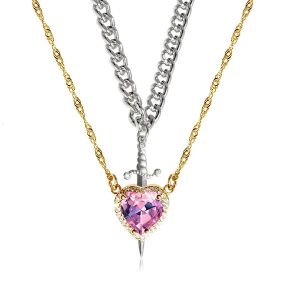 HONCLL Alloy Necklace with Rhinestones Heart and Swords Adjustable Chain Length Neckchain Stylish Valentine's Day Jewelry