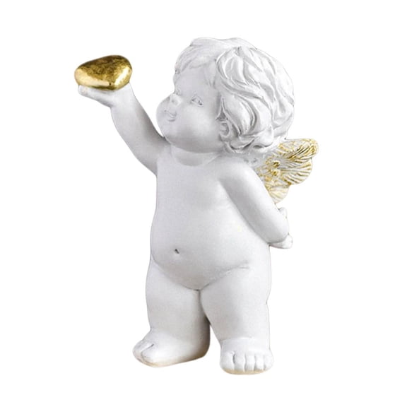 HONCLL Baby Angelic Holding Heart Resins Figurine Romance Desktop Cherub Statue Sculpture Tabletop Decors for Lover and Friend