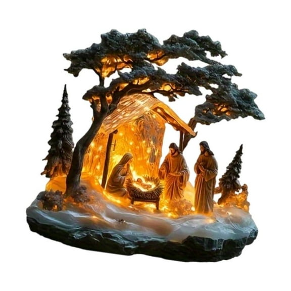 HONCLL Holiday Nativity Scene Acrylic Figurine Snow House Holy Family Statue Ornament