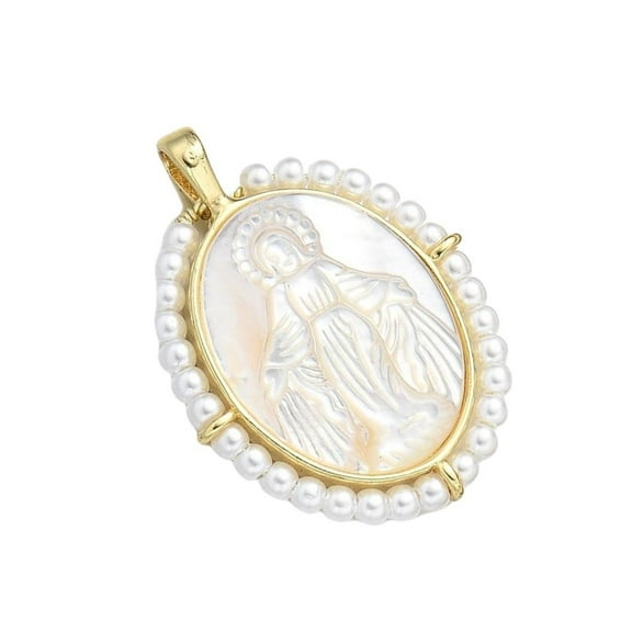HONCLL Oval Virgin Marys Pendant Necklace Religious Jewelry with Freshwater Pearls