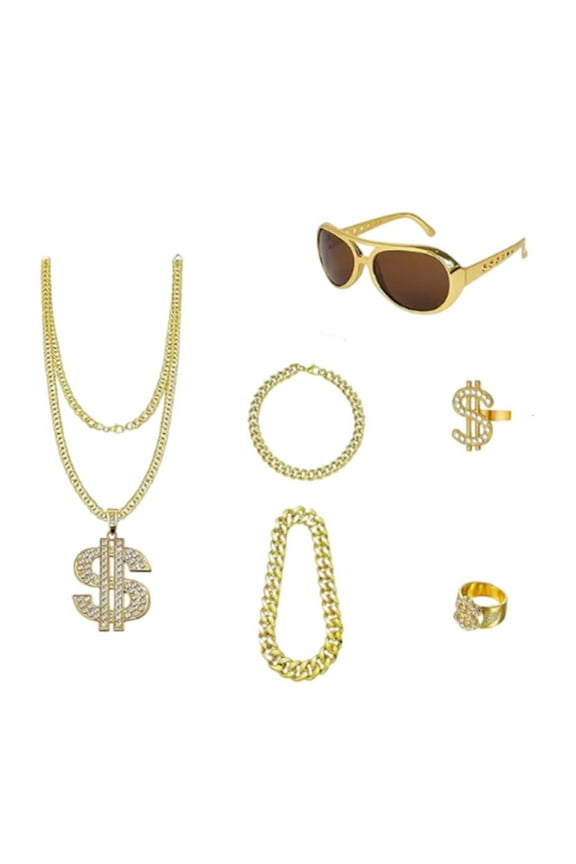 HONCLL Unique 6Pieces Hip Hop Punk Jewelry Set Eyeglass Dollar Sign Necklaces and Rings Rapper Hip Hop Accessories for Parties