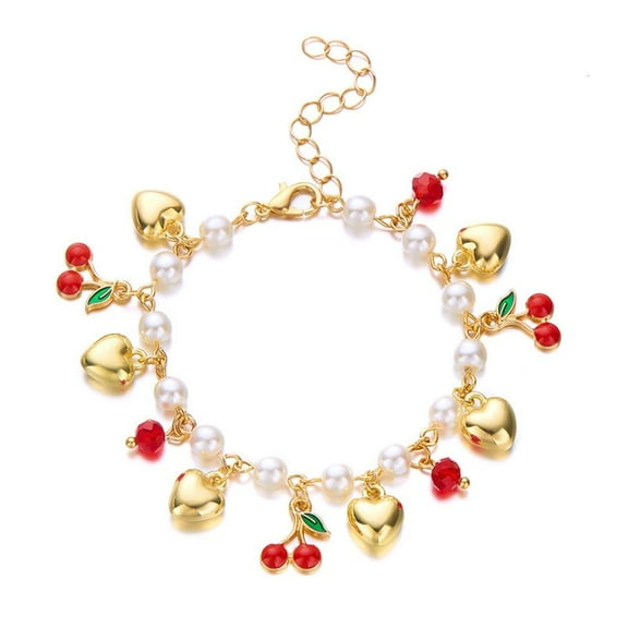 HONCLL Vocation Styles Bracelet Decoration for Trendy Women with 3D Strawberry Cherrys Heart and Pearls Beads Daily Use
