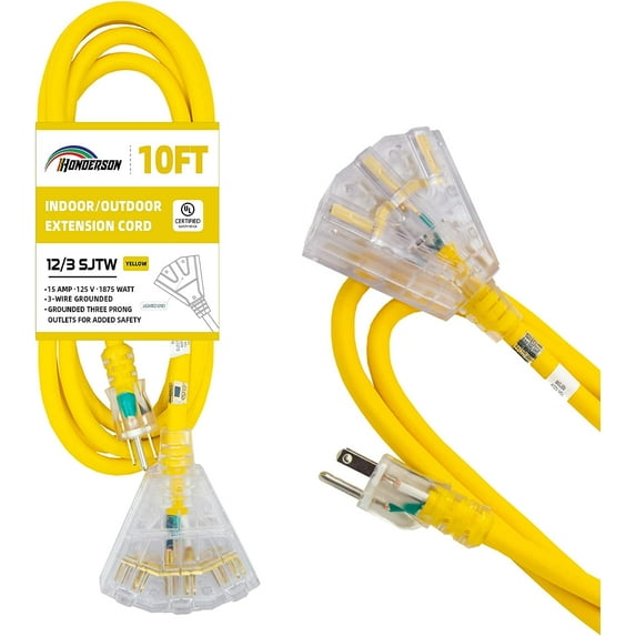 HONDERSON 10 FT Lighted Outdoor Extension Cord with 3 Power Outlets,12/3 SJTW Heavy Duty Yellow Extension Cable with 3 Prong Grounded Plug for Safety,UL Listed