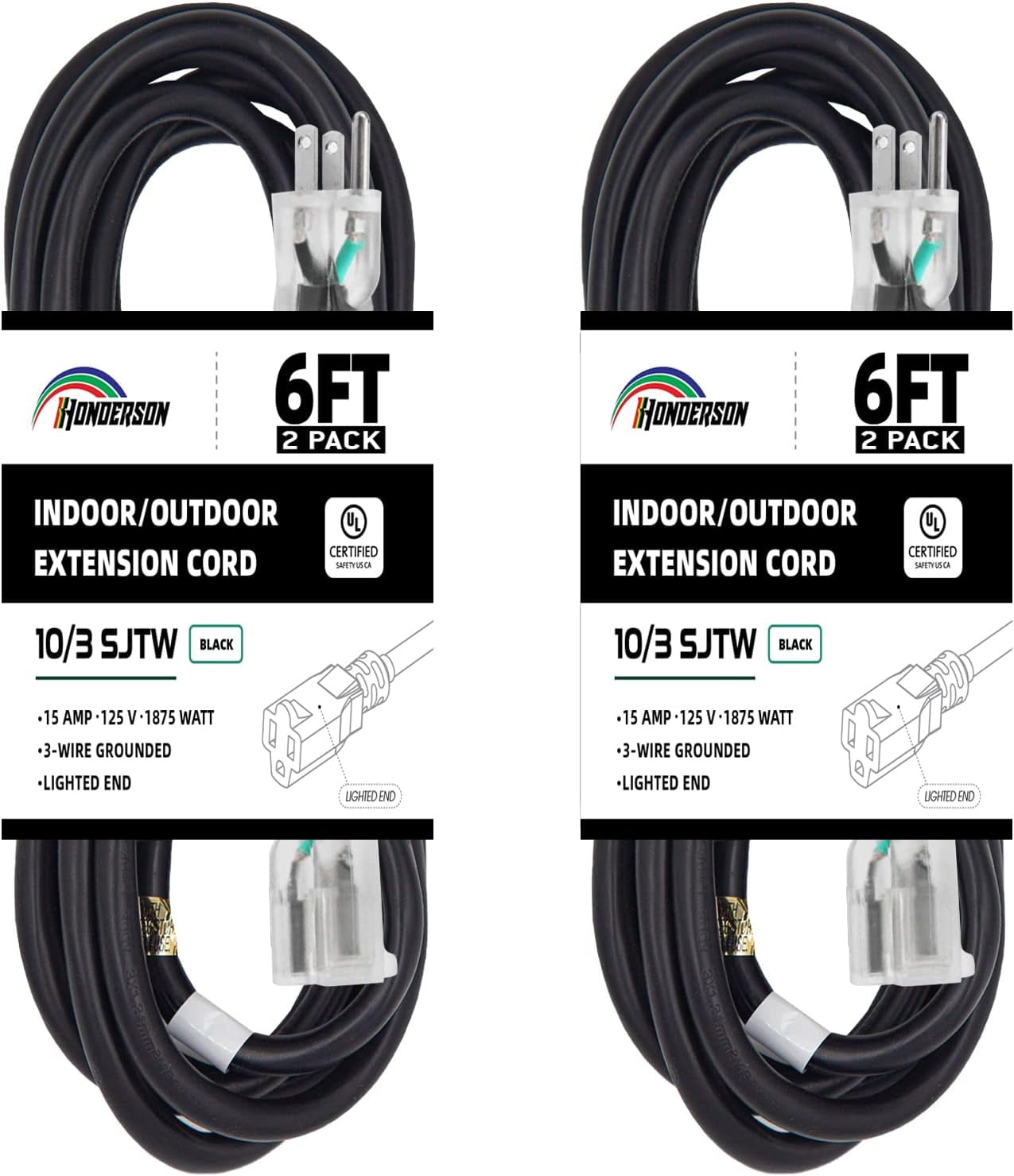 HONDERSON 2 Pack 6FT Lighted Outdoor Extension Cord , 10/3 SJTW Heavy