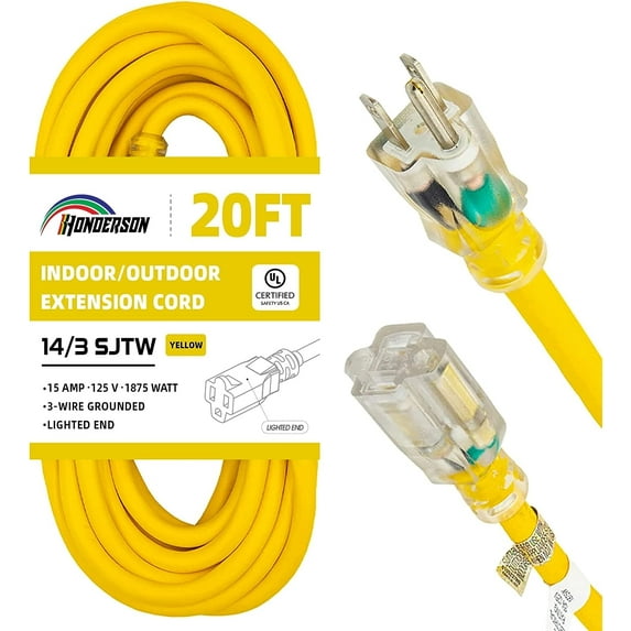 HONDERSON 20FT 14/3 Lighted Outdoor Extension Cord , 14 Gauge 3 Prong SJTW Heavy Duty Yellow Extension Cable with 3 Prong Grounded Plug for Safety,UL Listed
