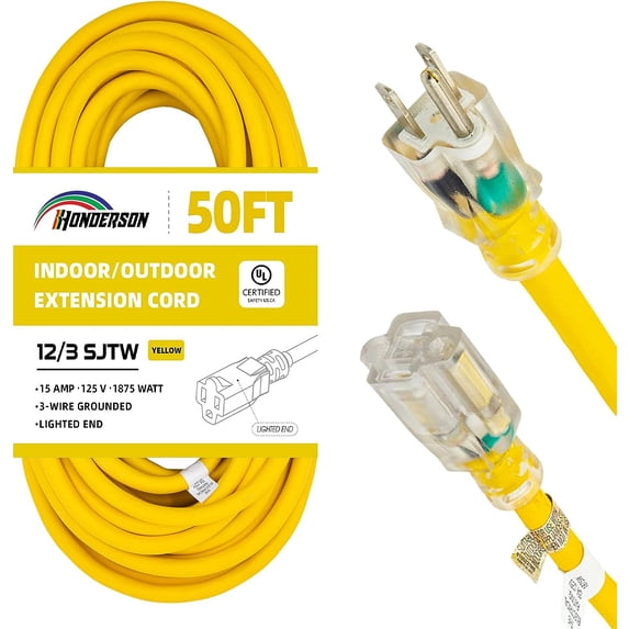 HONDERSON 50FT 12/3 Lighted Outdoor Extension Cord , 12 Gauge SJTW Heavy Duty Yellow Extension Cable with 3 Prong Grounded Plug for Safety,UL Listed