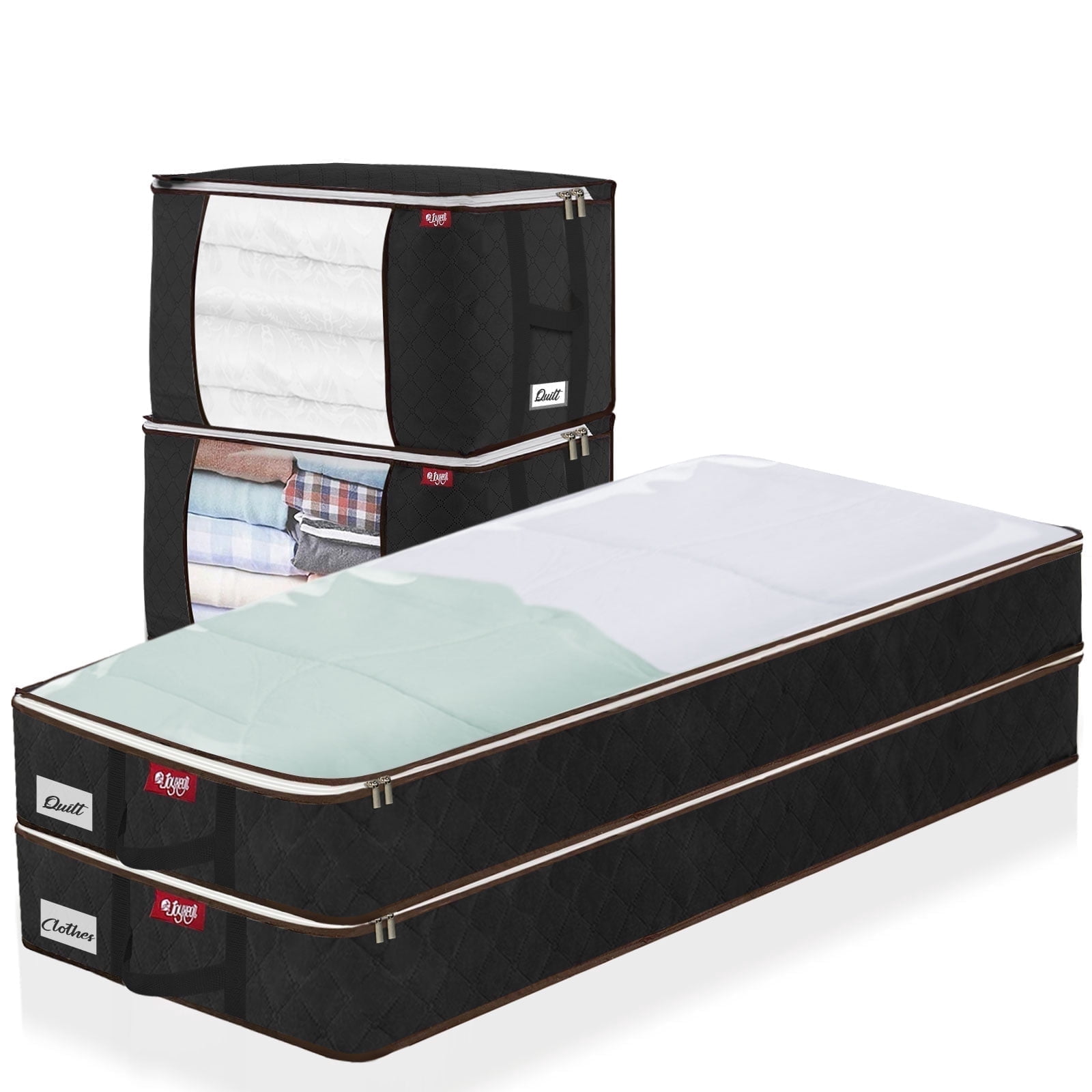 HONEIER 2 Pcs 80L + 2 Pcs 67L Large Clothes Storage Bags with Clear Window, Large Capacity Visible Underbed Storage Organizers for Comforters, Black