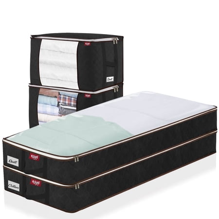 HONEIER 2 Pcs 80L + 2 Pcs 67L Large Clothes Storage Bags with Clear Window, Large Capacity Visible Underbed Storage Organizers for Comforters, Black