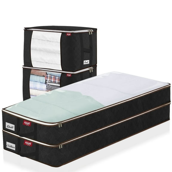 HONEIER 2 Pcs 80L + 2 Pcs 67L Large Clothes Storage Bags  with Clear Window, Large Capacity Visible Underbed Storage Organizers for Comforters, Black