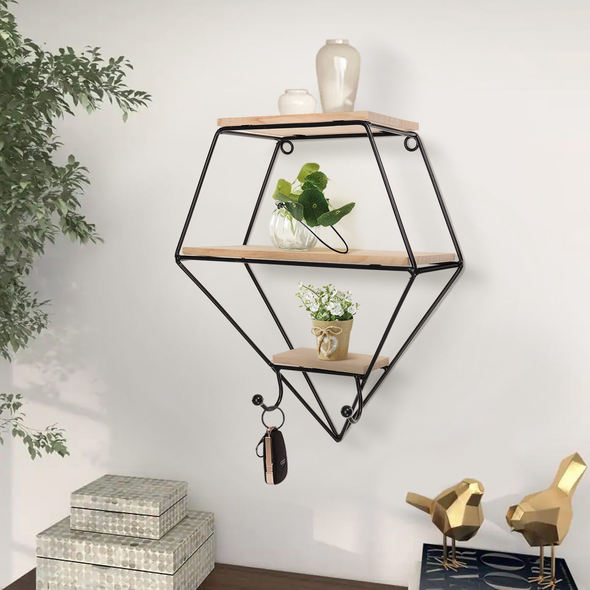 Image showcasing HONEIER 3 Tier Wall Shelves with Hook, Pentagon Wall Mounted Floating ...