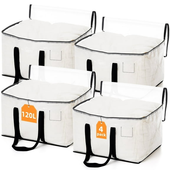 HONEIER 120L Large Capacity Clothes Storage Bag, 4pcs Plastic Storage Bags, 24×20×16 in Foldable Moving Bag with Zipper and Reinforced Handles, Closet Organizers for Bedding and Clothes