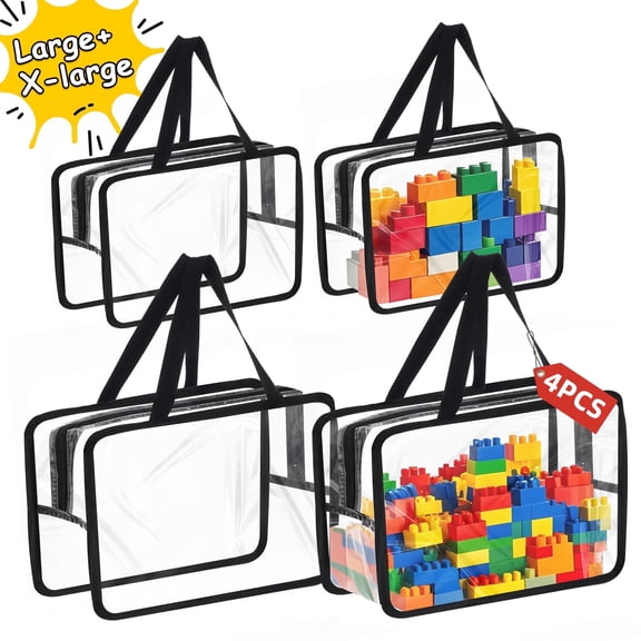 HONEIER 4 pcs Large Toy Storage Bags, Clear Waterproof Toy Organizer, 12.6″×7″×9.2″and 11.8″×3.9″×8.6″ Travel Waterproof Organizer Bags for Puzzles, Cosmetics, Stationery