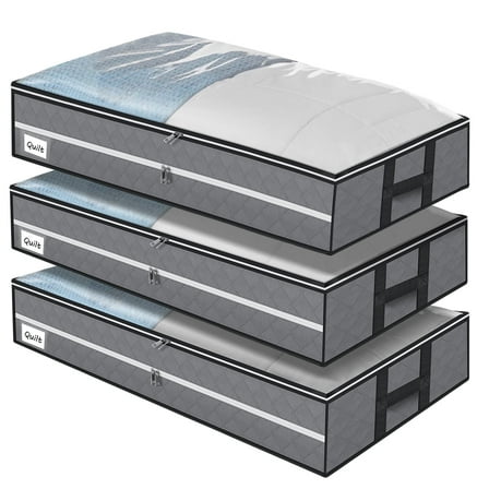 HONEIER 96L Under Bed Storage Bags with Reinforced Handle, 3Pcs Underbed Storage Containers with Extra Zipper, Foldable Visible Closet Storage Organizers