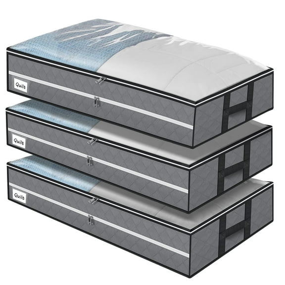 HONEIER 96L Under Bed Storage Bags with Reinforced Handle, 3Pcs Underbed Storage Containers with Extra Zipper, Foldable Visible Closet Storage Organizers