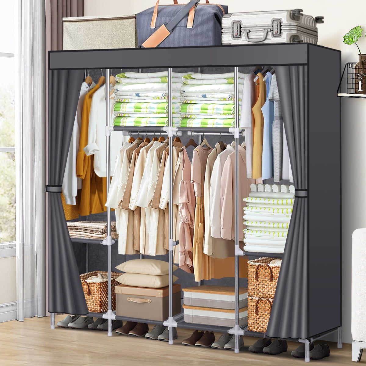Walmart Portable Closet Organizer with Large Cloth Rack for Bedroom 3 Hanging Rods 6 Shelves Side Pocket Gray Walmart
