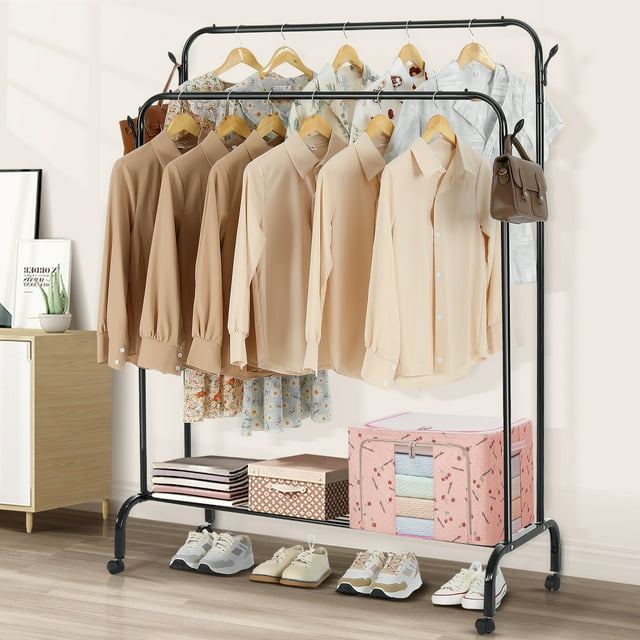 HONEIER Double Rod Clothes Rack with Wheels, Storage Shelves, Metal ...