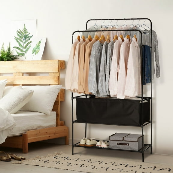 HONEIER Clothes Rack with Storage Bag,  3-in-1 Coat and Shoe Rack, Non-Woven Clothing Rack for Bedroom, Hallway, Entryway, Black