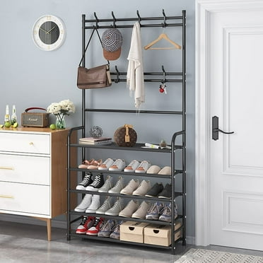 HONEIER Coat Rack, Coat Rack Stand with 8 Removable Hooks and 5 Storage Shelves, Modern Industrial Style Coat Tree  for Entryway Hallway 31*10*67 Inch Hall Tree Shoe Rack