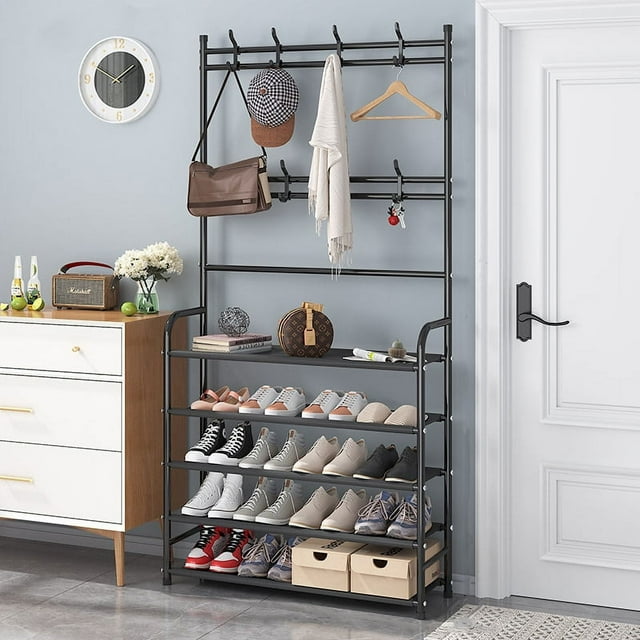 HONEIER Coat Rack, Coat Rack Stand with 8 Removable Hooks and 5 Storage Shelves, Modern Industrial Style Coat Tree for Entryway Hallway 31*10*67 Inch Hall Tree Shoe Rack