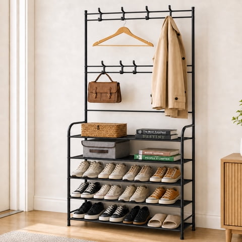 HONEIER Coat Rack, Coat Rack Stand with 8 Removable Hooks and 5 Storage Shelves, Modern Industrial Style Coat Tree for Entryway Hallway 31*10*67 Inch Hall Tree Shoe Rack