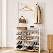 HONEIER Coat Rack, Coat Rack Stand with 8 Removable Hooks and 5 Storage Shelves, Modern Industrial Style Coat Rack Stand for Entryway Hallway 31*10*67 Inch Hall Tree Shoe Rack, White