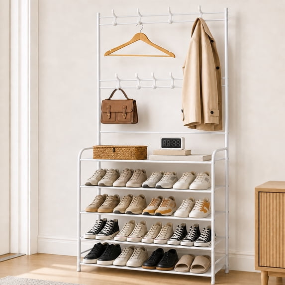 HONEIER Coat Rack, Coat Rack Stand with 8 Removable Hooks and 5 Storage Shelves, Modern Industrial Style Coat Rack Stand for Entryway Hallway 31*10*67 Inch Hall Tree Shoe Rack, White