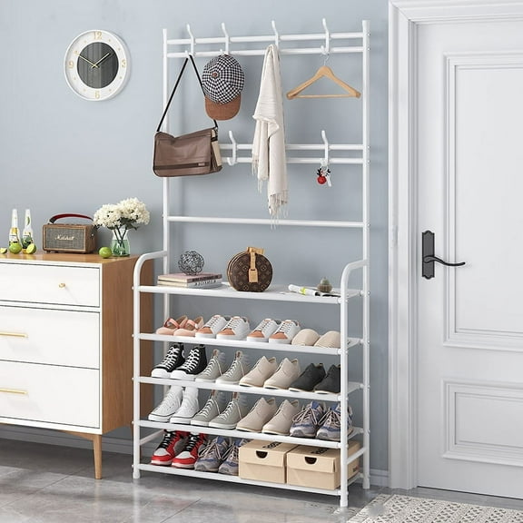 HONEIER Coat Rack, Coat Rack Stand with 8 Removable Hooks and 5 Storage Shelves, Modern Industrial Style Coat Rack Stand for Entryway Hallway 31*10*67 Inch Hall Tree Shoe Rack, White