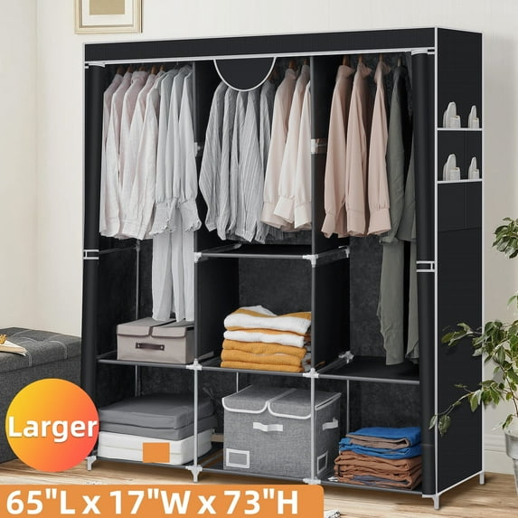 HONEIER Extra Large Closet Wardrobe, 65"Lx 73"H Portable Closet with 3 Hanging Rods, Shelves and 4 Side Pockets, Clothes Storage Organizer with Cover, Easy Assembly, Black