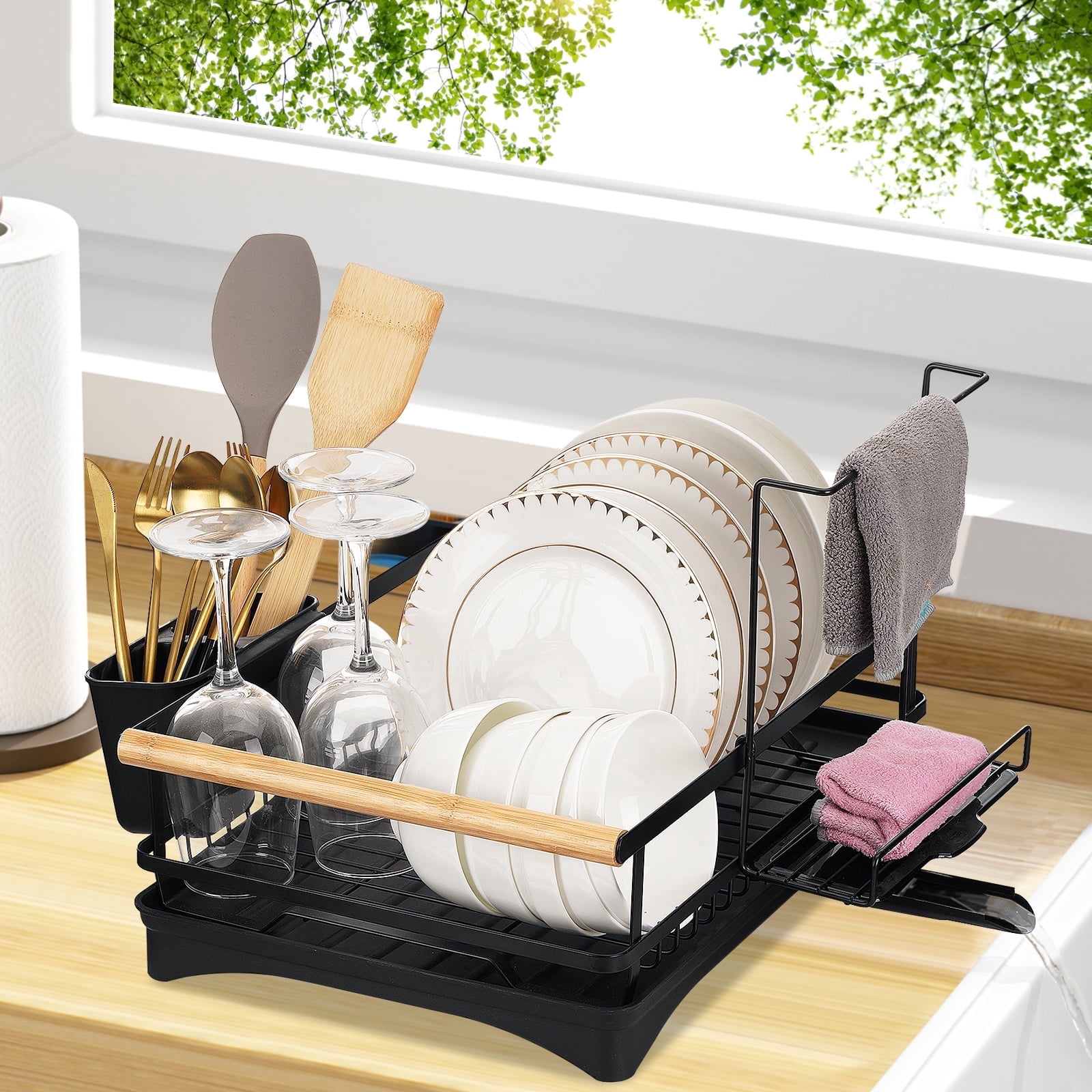 Dish Drying Rack, Dish Drainers for Kitchen Counter Dish Rack with Dishcloth Holder Kitchen Drying Rack 16L * 12W inches, Black