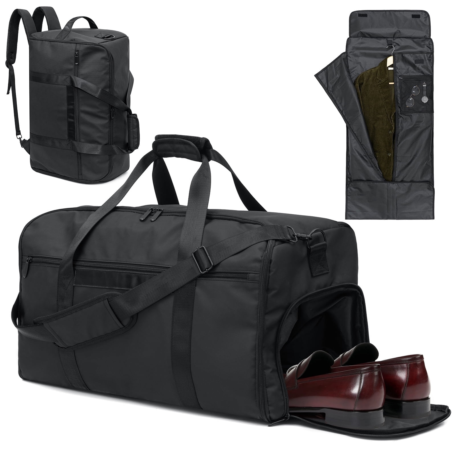 HONEIER Garment Bag for Travel 4 in 1 Waterproof Travel Suit Bag with Shoulder Strap Convertible Garment Duffel Bag with Shoe Compartment for Men Women, Carry on Luggage Bags Gym Bag, Black, 55L