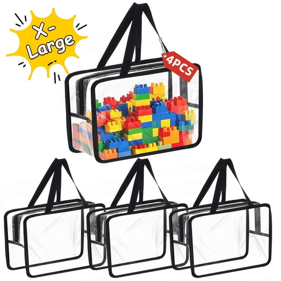 HONEIER 4 Packs Large Toy Storage Bags, Clear Waterproof Toy Organizer Bags,12.6″×7″×9.2″ Travel Waterproof Organizer Bags for Puzzles, Cosmetics, Stationer