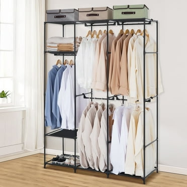 HONEIER Metal Garment Rack, Portable Closet Freestanding Clothes Rack for Hanging Clothes, Shoe Clothing Organizer Shelves, Sturdy Multifunctional Storage Rack Wardrobe, Black