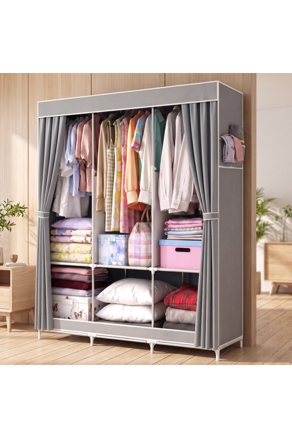 HONEIER 50" Closet Organizers, Storage Closet 6 Storage Spaces with 3 Hanging Area, Steel Frame Fabric Portable Closet, Easy Assembly And Dust Resistant, Grey