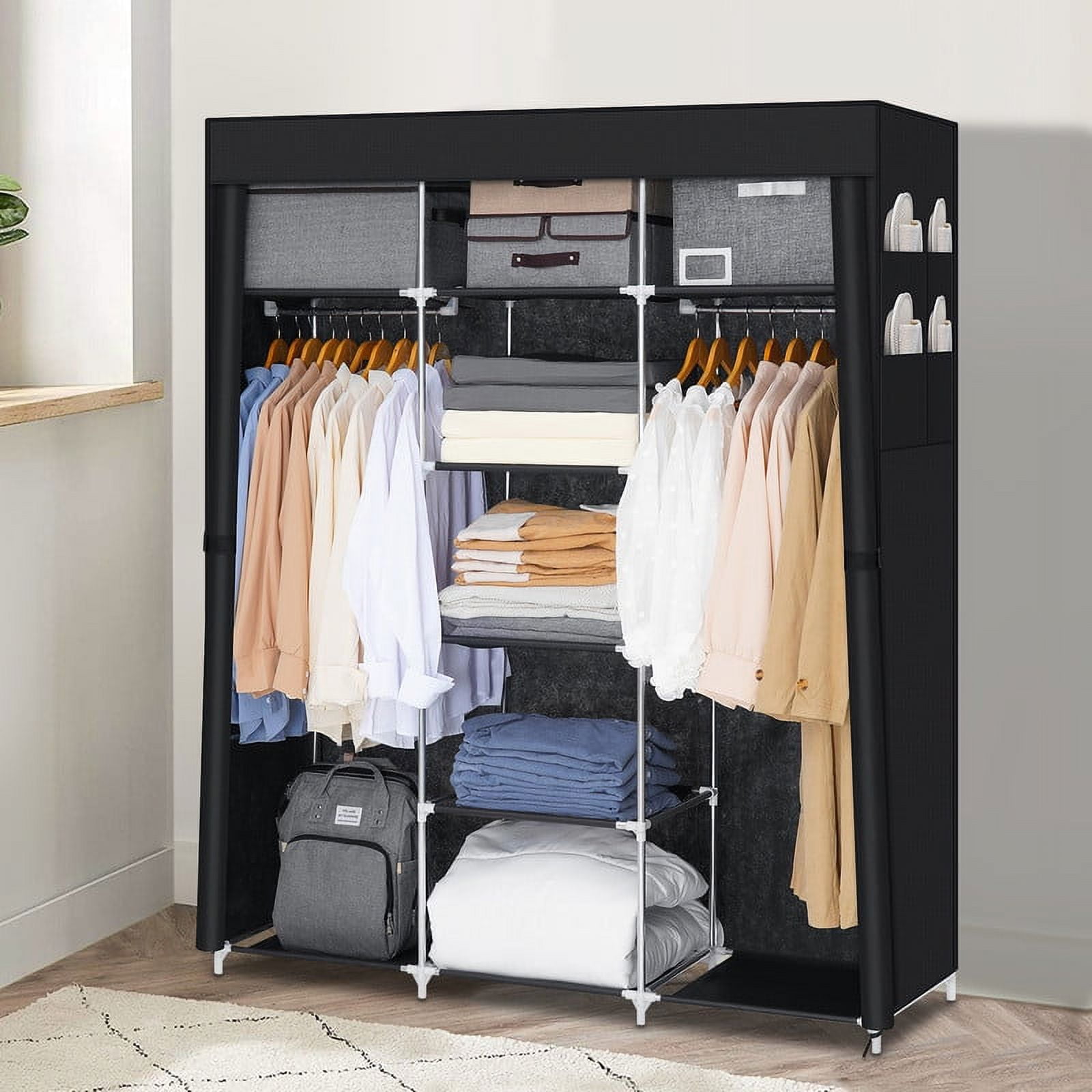 Portable Closet with 5 Shelf Closet Storage with 2 Hanging Rods, 58 inch X14 inch X68 inch Closet Organizer Clothes Organizer with Cover Wardrobe for