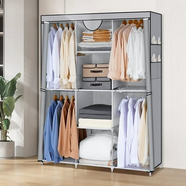 HONEIER Portable Wardrobe Closet Storage Organizer Rack with 4 Hanging Rods, 4 Shelves, 4 Side Pockets and Cover, 56.3x 73.6x 17 Inch, Large Capacity for Bedroom, Living Room, Sturdy, Grey/Black