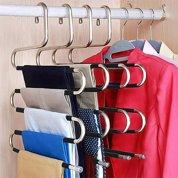 HONEIER S Shape Non Slip 5-Tier Pants Hanger, Stainless Steel, 4 Pack