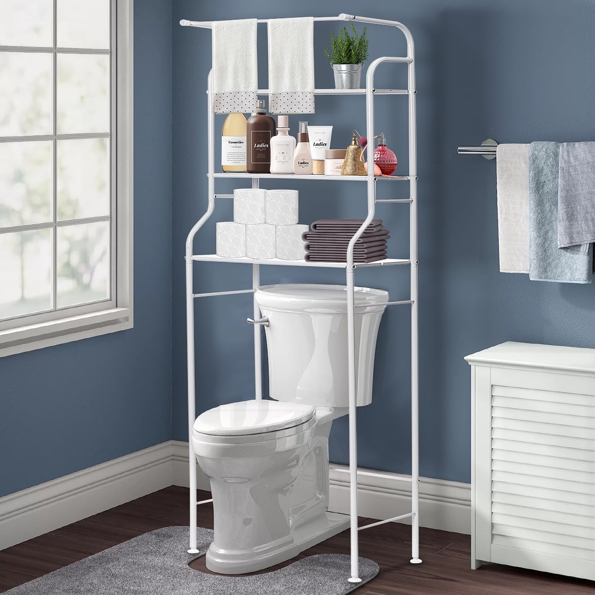 HONEIER 3 Tier Bathroom Shelf with Towel Rod Over the Toilet Storage 62 24 inch Metal Organizer Rack White Walmart