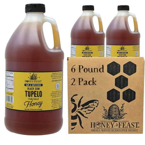 HONEY FEAST 1 Gallon Black Gum Tupelo Honey 6 Pounds (Pack of 2) Raw Florida Blend, Pure American Bulk Sweetener