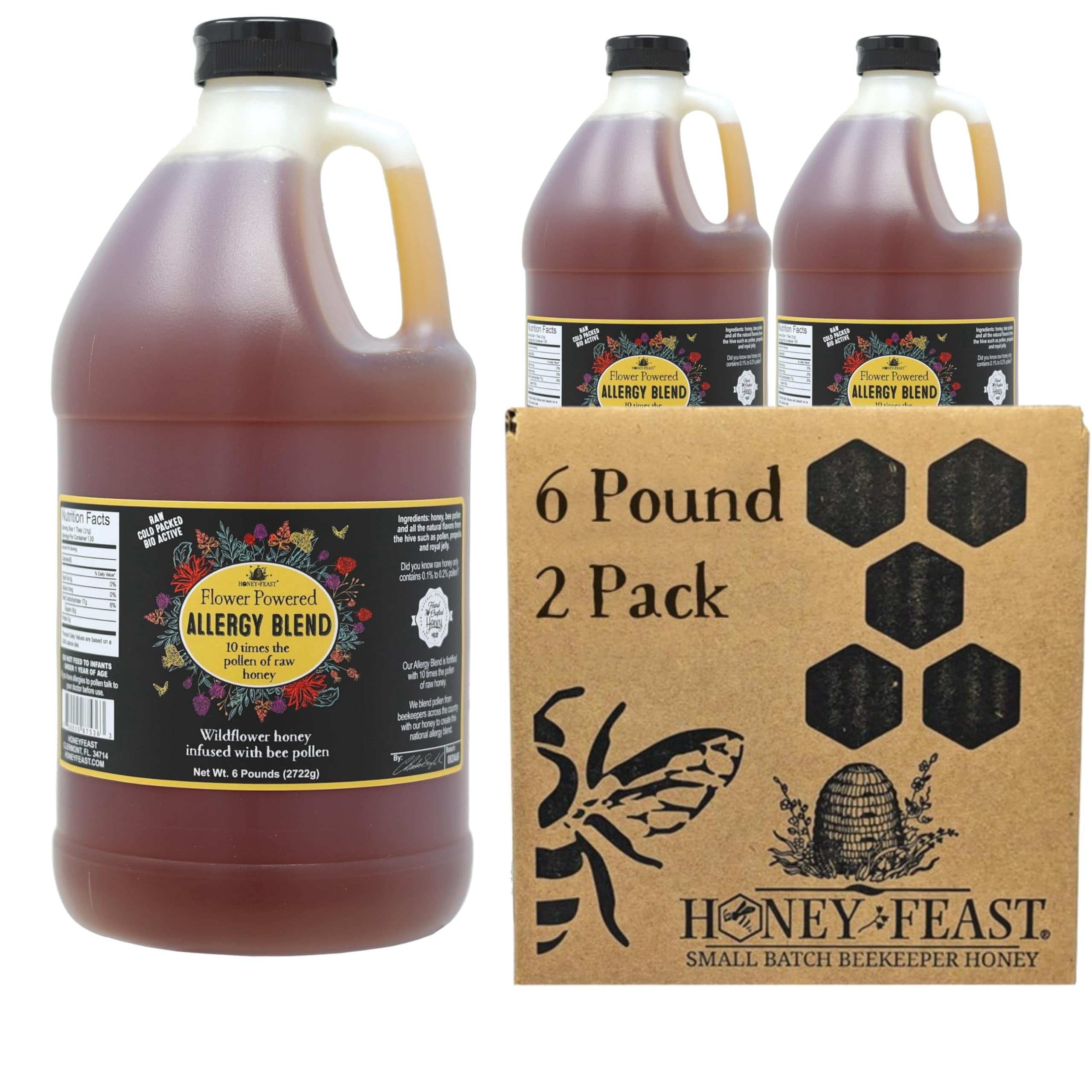 HONEY FEAST 1 Gallon Bulk Allergy Blend Honey, 6 Pounds (Pack of 2) - Vast American Honey, Florida Crafted, Raw & Unfiltered, High Pollen Content, Directly from Central Florida Beekeepers