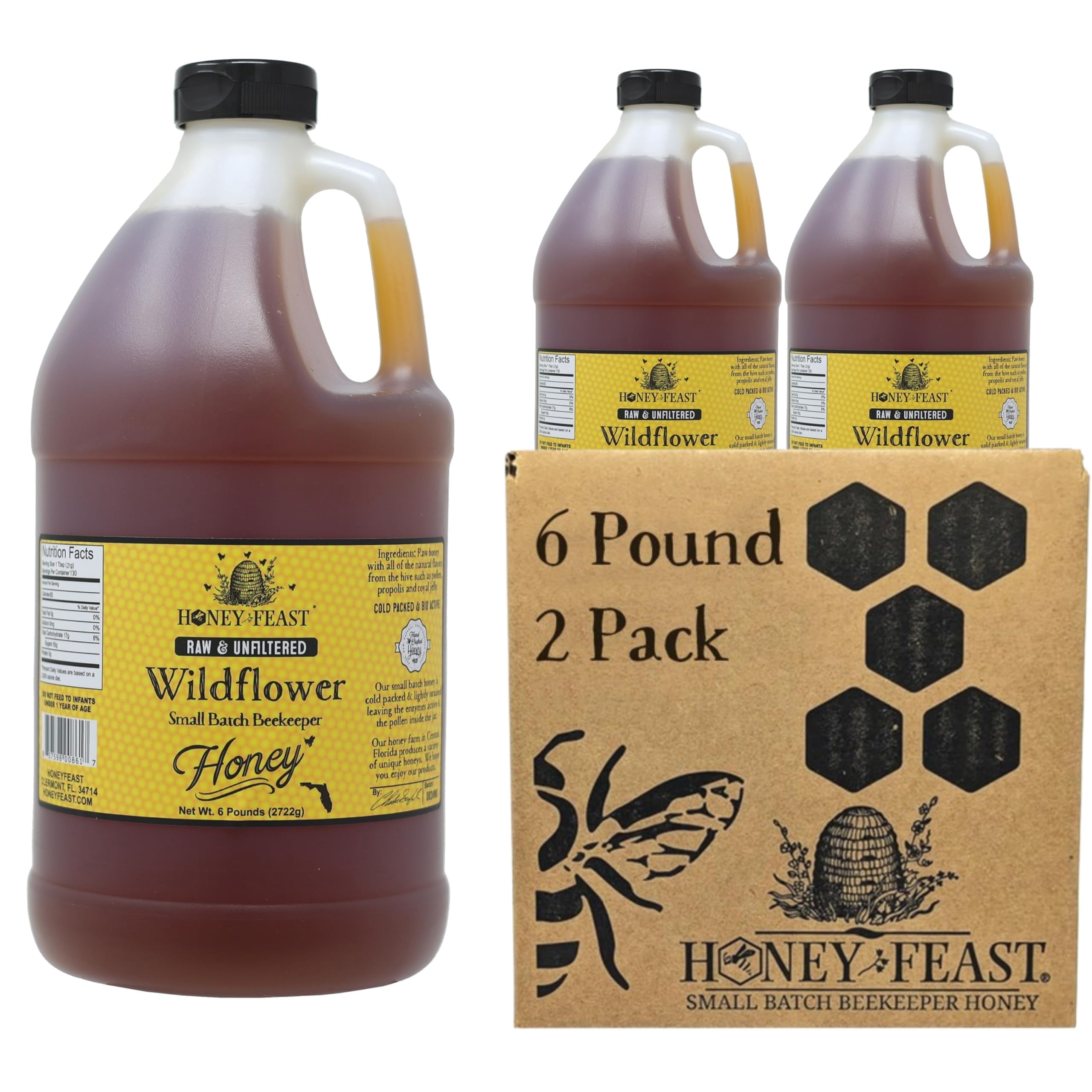 HONEY FEAST 1 Gallon Wildflower Honey - 6 Pounds (Pack of 2), All Natural, Unfiltered, Unheated, Perfect for Sweetening & Baking