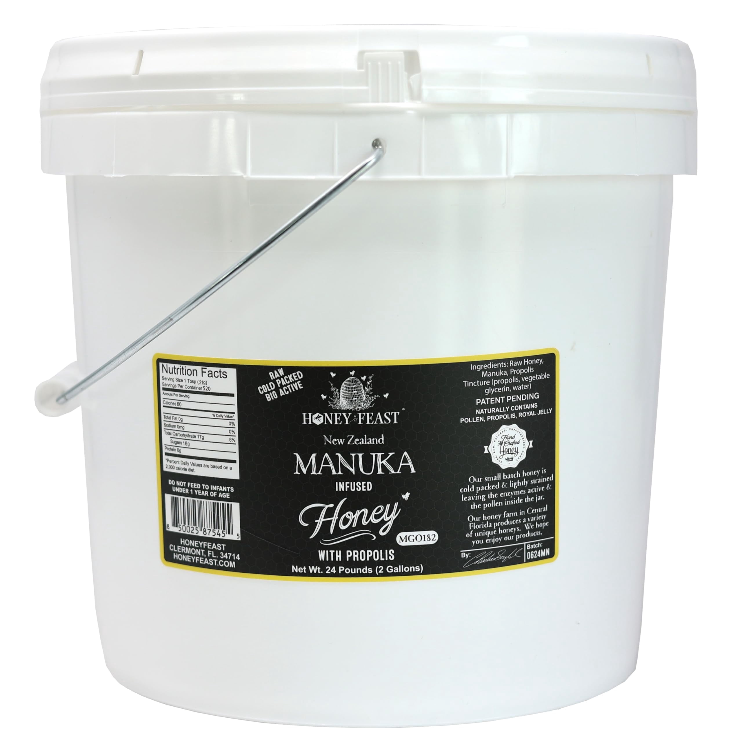 HONEY FEAST Propolis & Manuka Infused Raw Honey | 2 Gallon Bulk New Zealand Infused Blend with Propolis | MGO182 | Patent Pending Formula